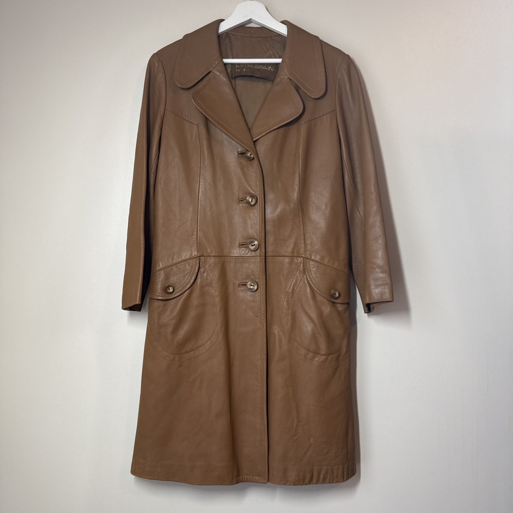 Vintage Leda Spain Overcoat Size 10‎ Leather Trench Coat Camel Brown 80s READ